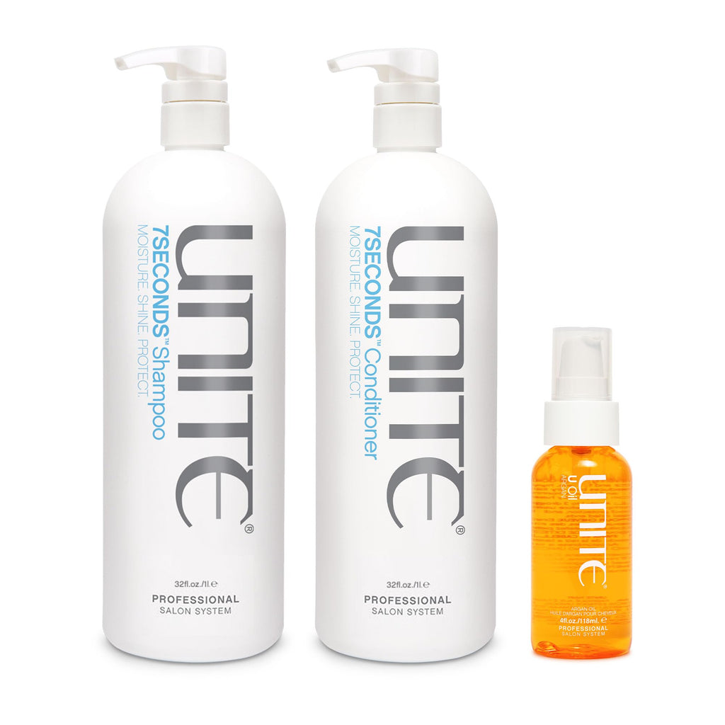 UNITE Hair – 7SECONDS Shampoo, Conditioner & U Oil – Professional-Size System for Deep Hydration, Repair & Brilliant Shine – UV & Heat Protection – 32 Fl Oz, 32 Fl Oz & 4 Fl Oz