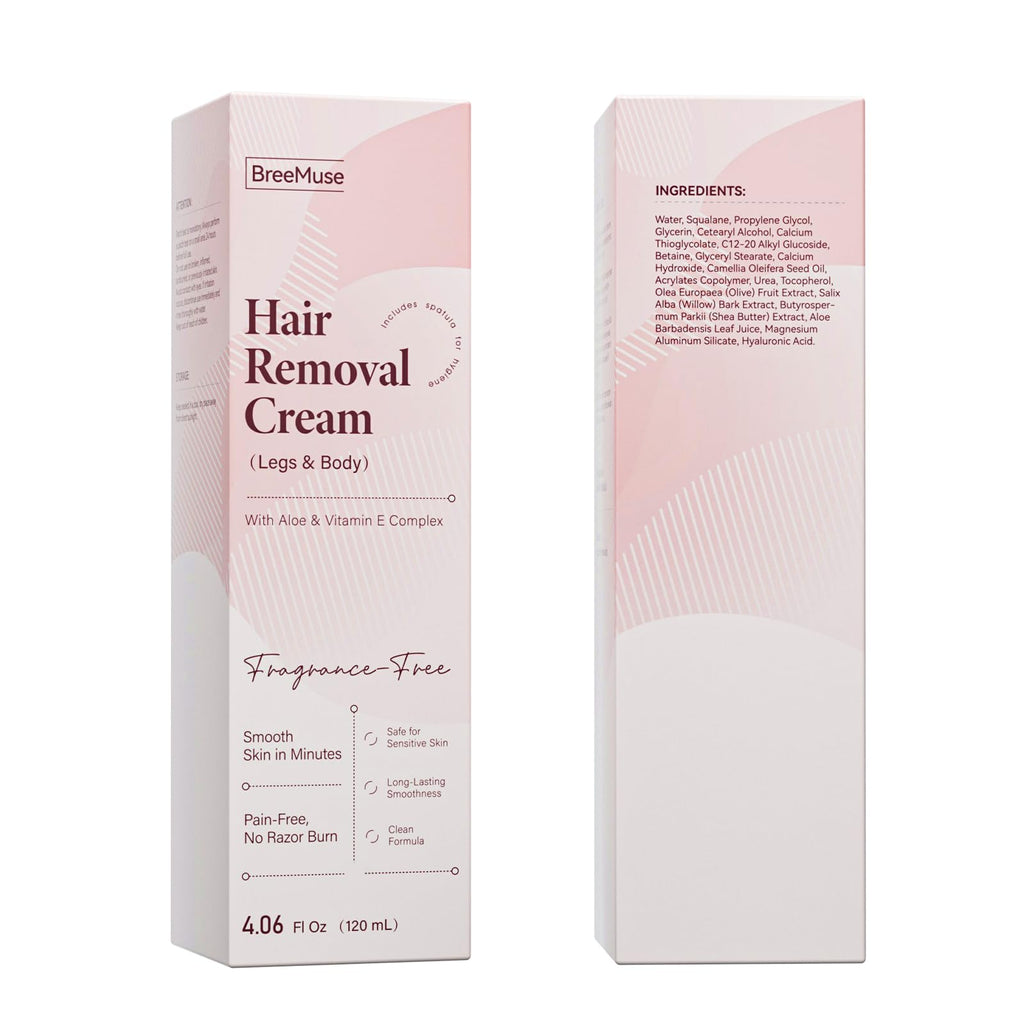 BreeMuse Hair Removal Cream for Women, Painless Depilatory Cream for Legs, Bikini Line & Underarms, Fast 5-10 Minute Body Hair Remover for Sensitive Skin with Moisturizing & Smoothing Formula