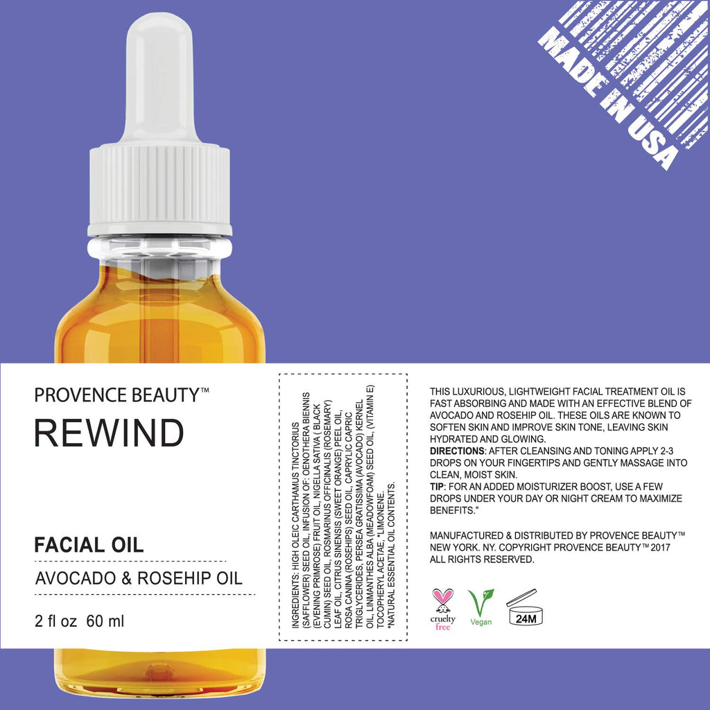 BEAUTE DE PROVENCE Active REWIND Facial Oil | Enhanced with Avocado & Rosehip Oil | Soften, Moisturize & Hydrates Skin | Anti-Aging Properties Reduce Wrinkles & Fine Lines | Fixes Damaged Skin - 2 OZ