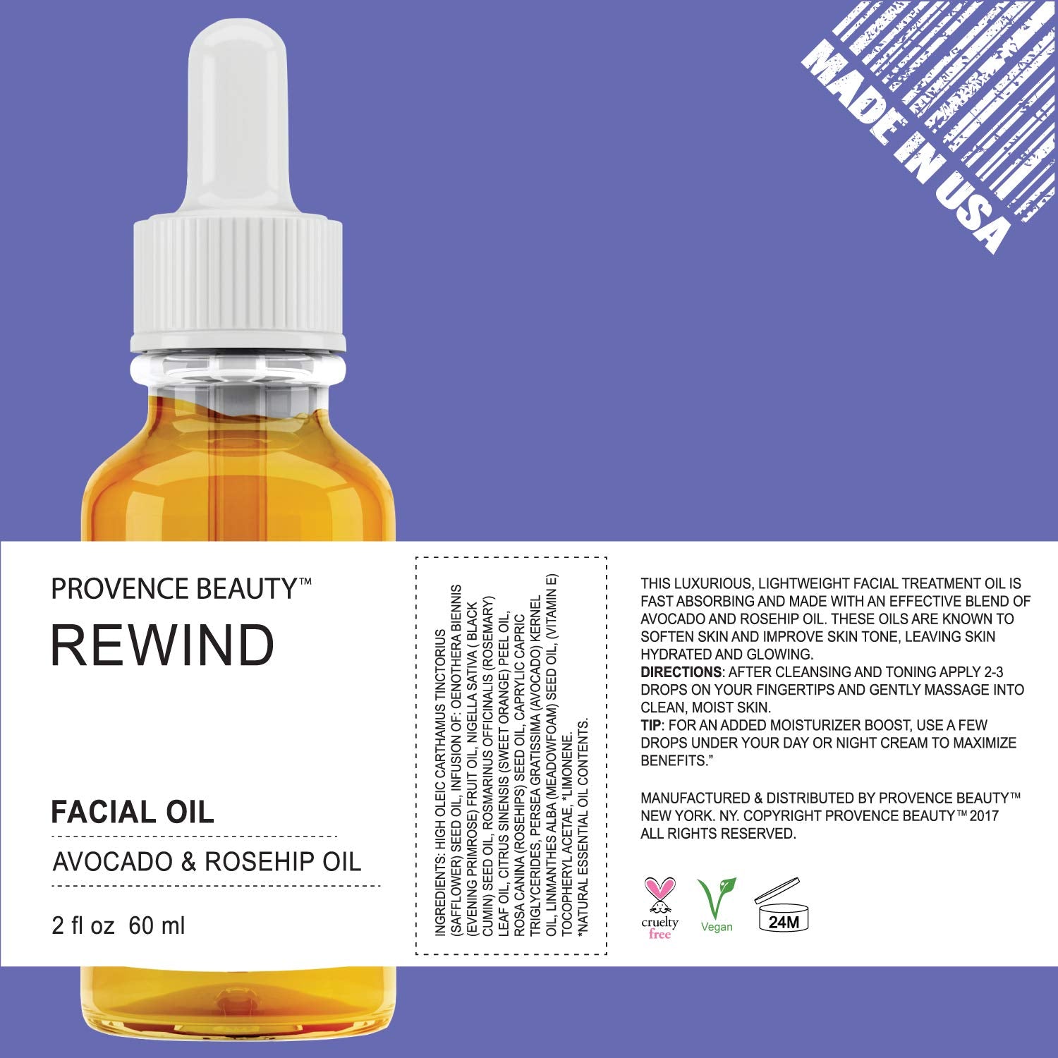BEAUTE DE PROVENCE Active REWIND Facial Oil | Enhanced with Avocado & Rosehip Oil | Soften, Moisturize & Hydrates Skin | Anti-Aging Properties Reduce Wrinkles & Fine Lines | Fixes Damaged Skin - 2 OZ