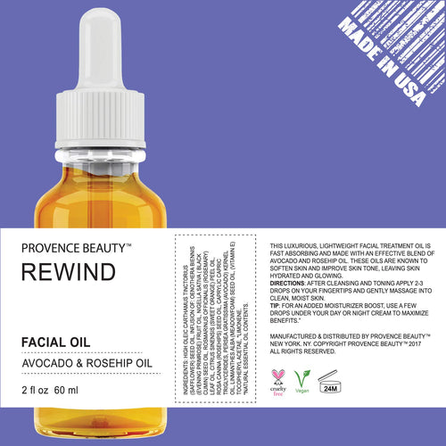 BEAUTE DE PROVENCE Active REWIND Facial Oil | Enhanced with Avocado & Rosehip Oil | Soften, Moisturize & Hydrates Skin | Anti-Aging Properties Reduce Wrinkles & Fine Lines | Fixes Damaged Skin - 2 OZ