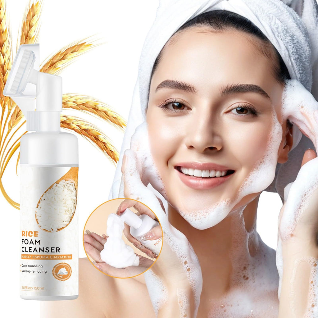 New Irven Rice Foaming Cleanser, Moisturizing Rice Facial Foam Cleanser with Silicone Brush, Deep Cleansing, Soothing & Exfoliating Face Wash for Sensitive Skin, Makeup Remover, for All Skin Types