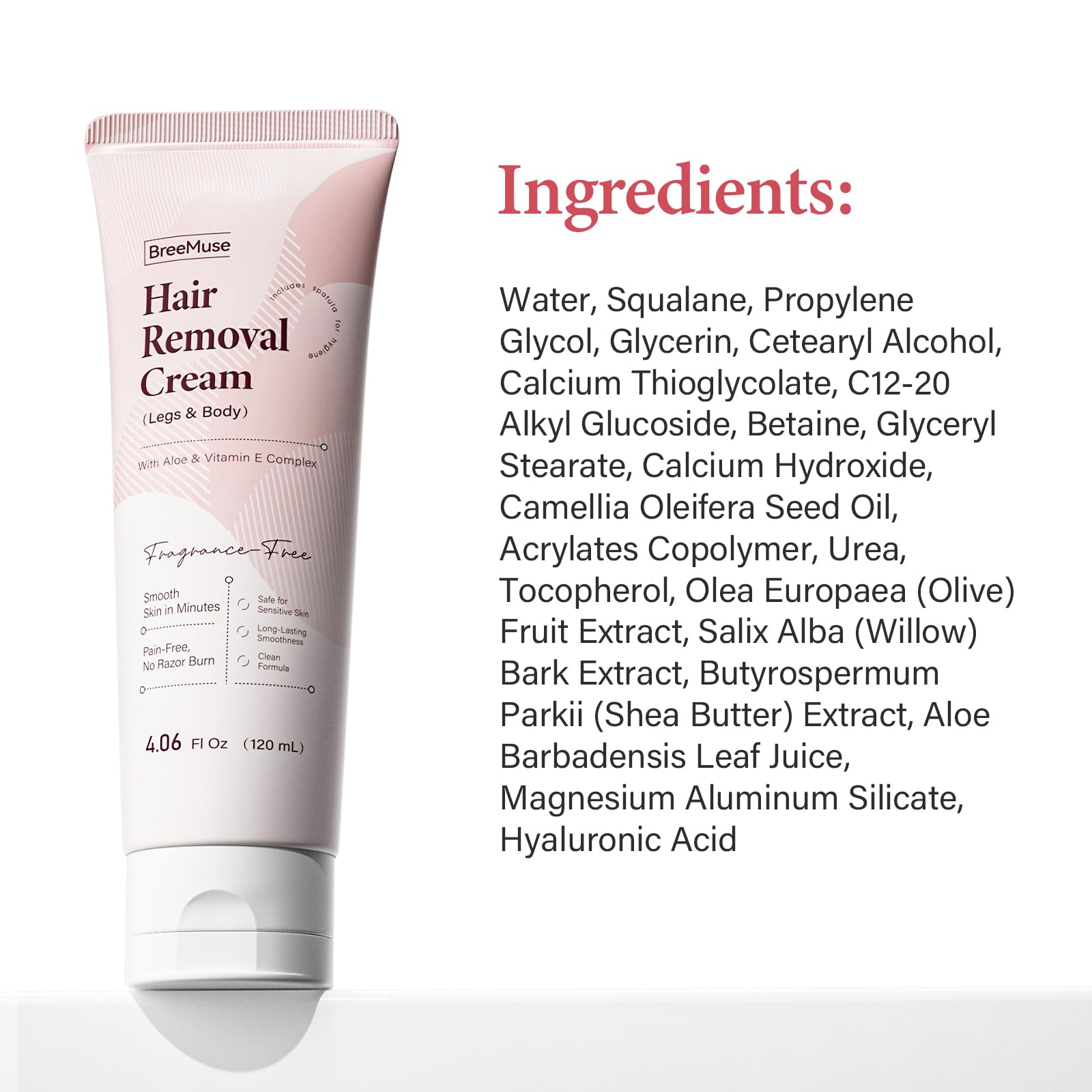 BreeMuse Hair Removal Cream for Women, Painless Depilatory Cream for Legs, Bikini Line & Underarms, Fast 5-10 Minute Body Hair Remover for Sensitive Skin with Moisturizing & Smoothing Formula