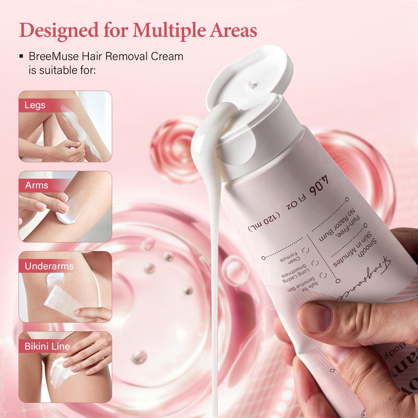 BreeMuse Hair Removal Cream for Women, Painless Depilatory Cream for Legs, Bikini Line & Underarms, Fast 5-10 Minute Body Hair Remover for Sensitive Skin with Moisturizing & Smoothing Formula