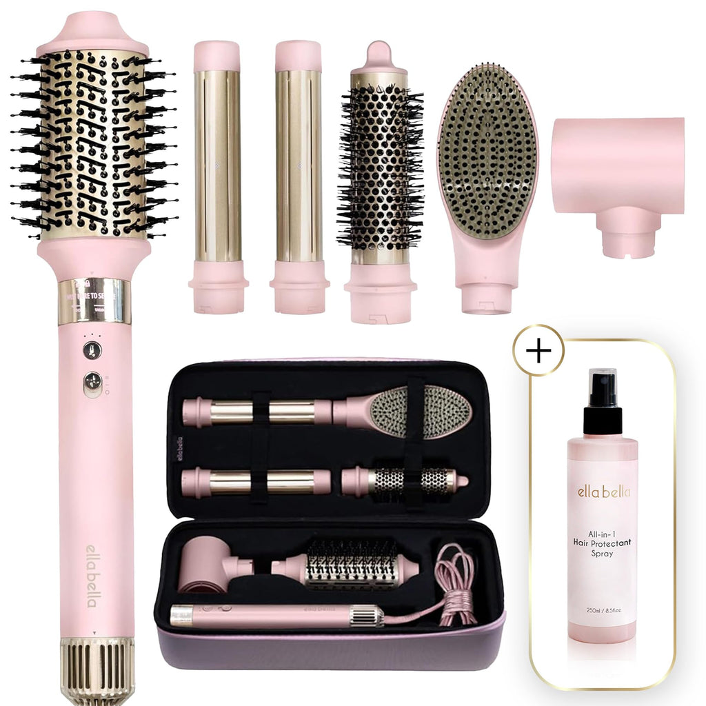 ELLA BELLA® 6-in-1 Hot Air Styler Pink & Heat Protectant Spray • Powerful Hair Dryer Set for Fast Curling, Volumizing, Straightening • Includes Travel Case • UV Shield & Nourishing Hair Care