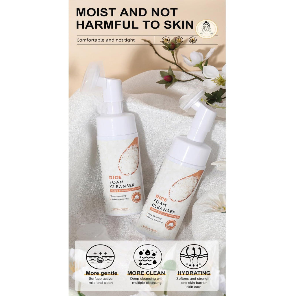 New Irven Rice Foaming Cleanser, Moisturizing Rice Facial Foam Cleanser with Silicone Brush, Deep Cleansing, Soothing & Exfoliating Face Wash for Sensitive Skin, Makeup Remover, for All Skin Types