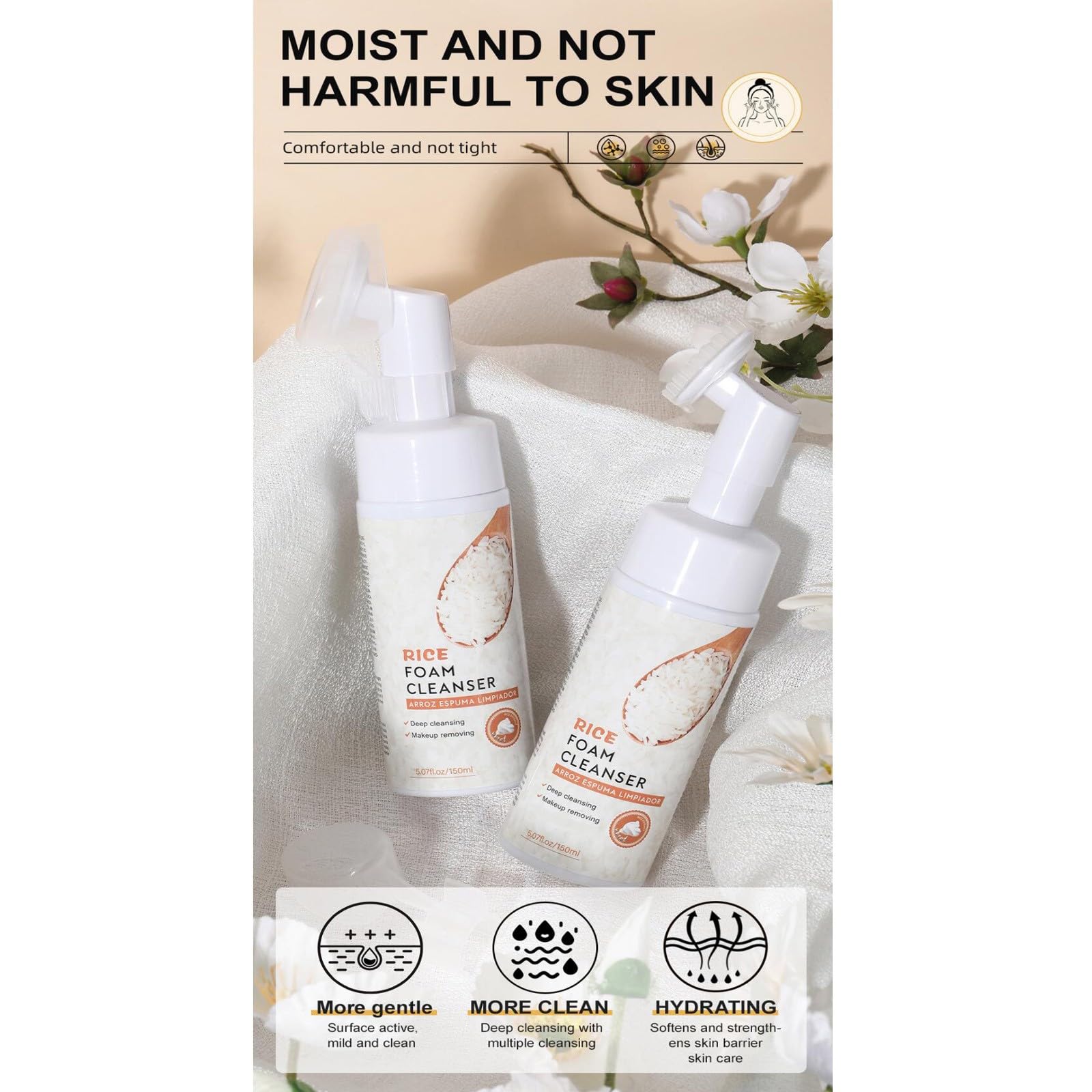 New Irven Rice Foaming Cleanser, Moisturizing Rice Facial Foam Cleanser with Silicone Brush, Deep Cleansing, Soothing & Exfoliating Face Wash for Sensitive Skin, Makeup Remover, for All Skin Types