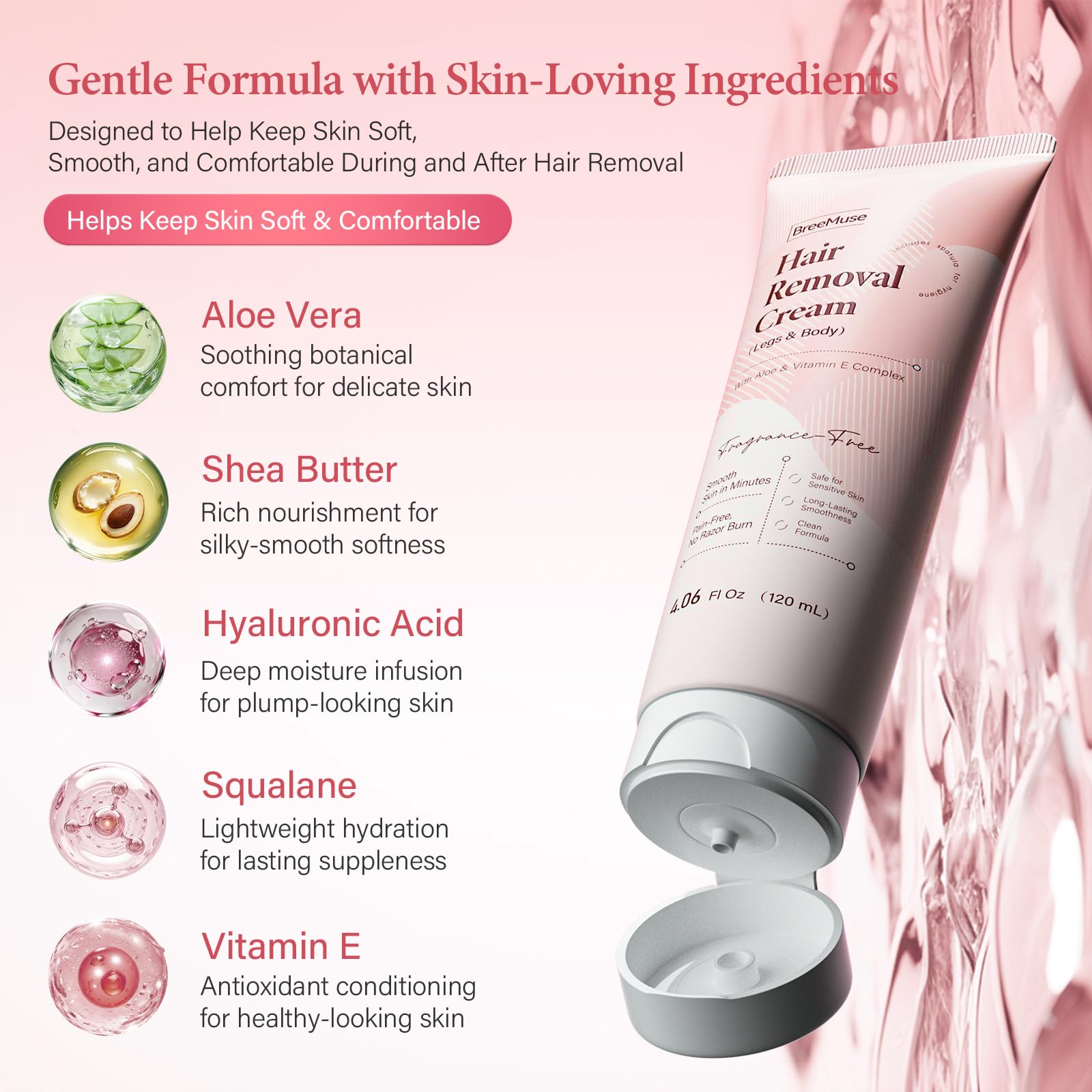 BreeMuse Hair Removal Cream for Women, Painless Depilatory Cream for Legs, Bikini Line & Underarms, Fast 5-10 Minute Body Hair Remover for Sensitive Skin with Moisturizing & Smoothing Formula