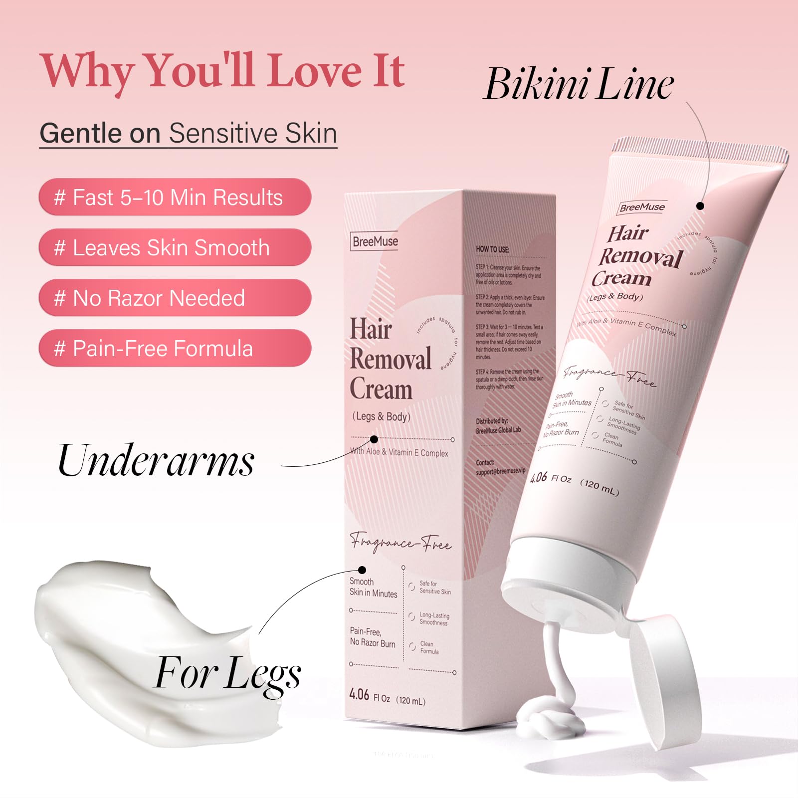 BreeMuse Hair Removal Cream for Women, Painless Depilatory Cream for Legs, Bikini Line & Underarms, Fast 5-10 Minute Body Hair Remover for Sensitive Skin with Moisturizing & Smoothing Formula