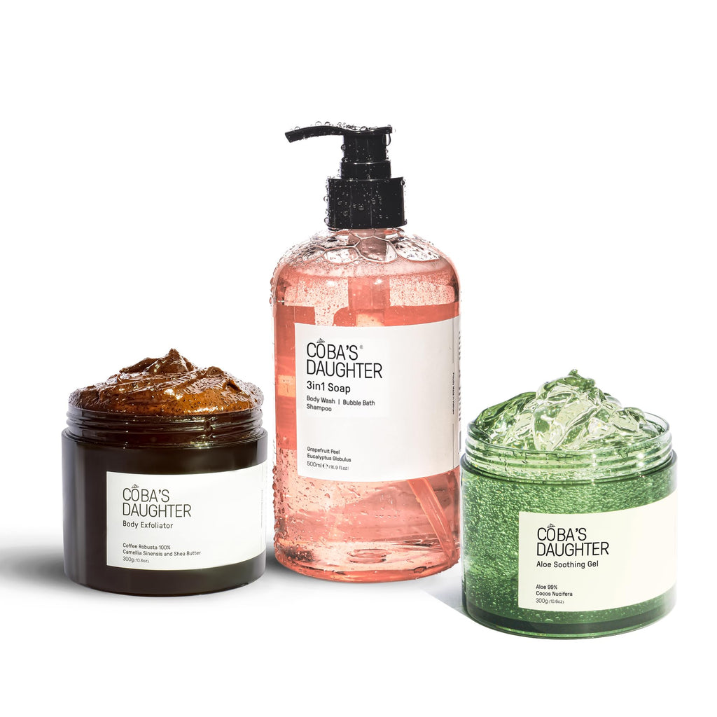 COBA’S DAUGHTER Stress Relief Bundle for Self Care Rituals | Coffee Scrub for Cellulite, Pure Aloe Vera Gel for Sunburn Relief, and 3-in-1 Grapefruit Body Wash