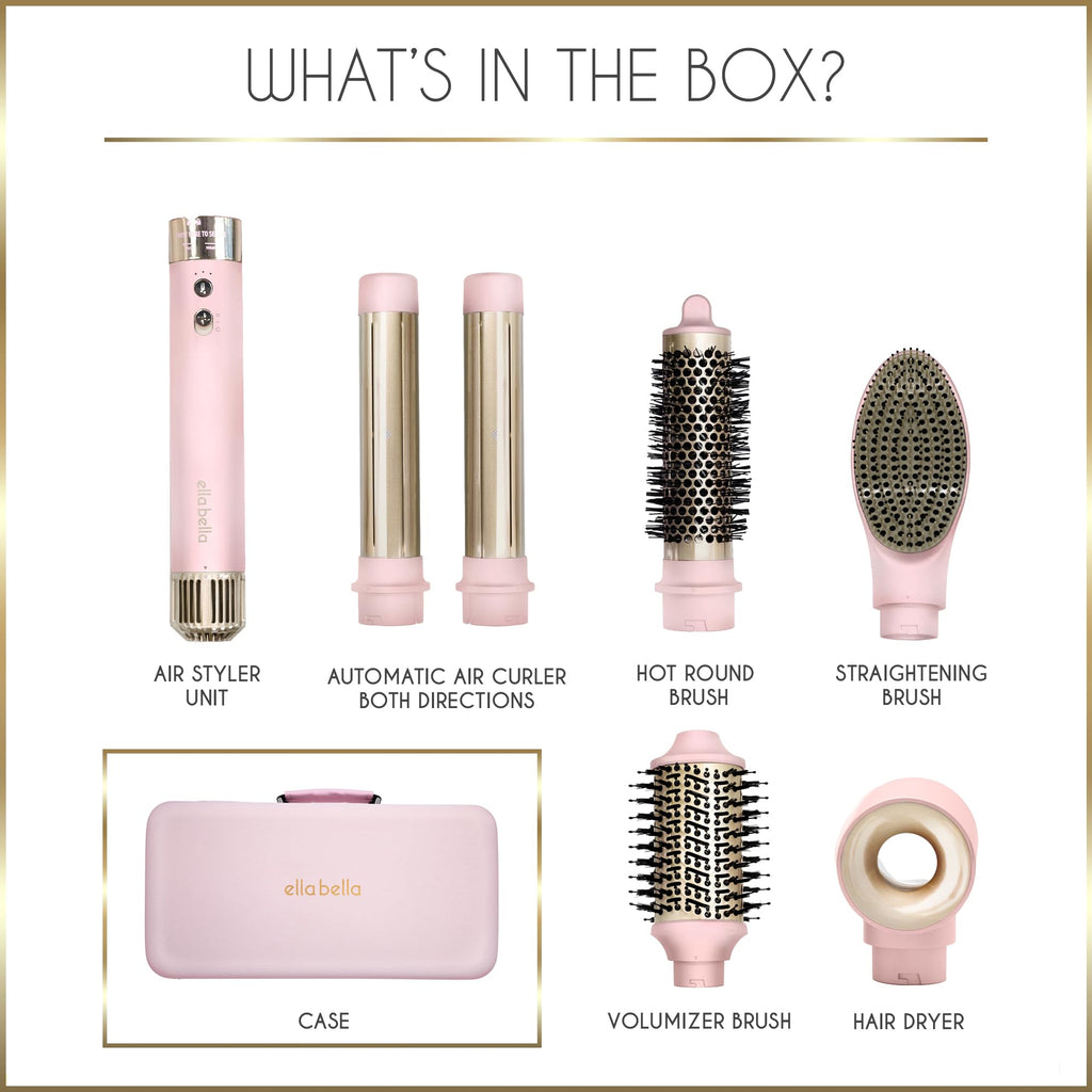 ELLA BELLA® 6-in-1 Hot Air Styler Pink & Heat Protectant Spray • Powerful Hair Dryer Set for Fast Curling, Volumizing, Straightening • Includes Travel Case • UV Shield & Nourishing Hair Care
