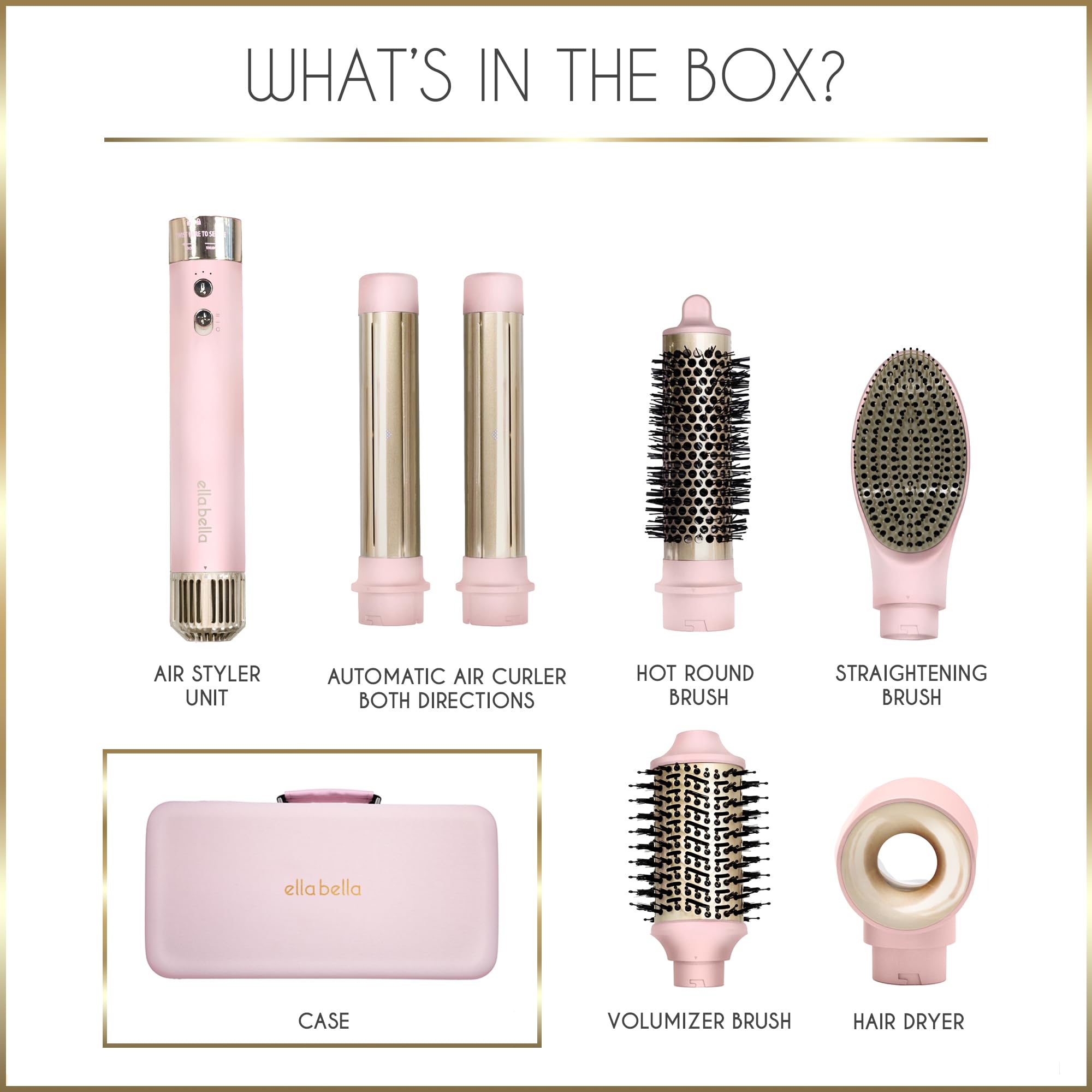 ELLA BELLA® 6-in-1 Hot Air Styler Pink & Heat Protectant Spray • Powerful Hair Dryer Set for Fast Curling, Volumizing, Straightening • Includes Travel Case • UV Shield & Nourishing Hair Care