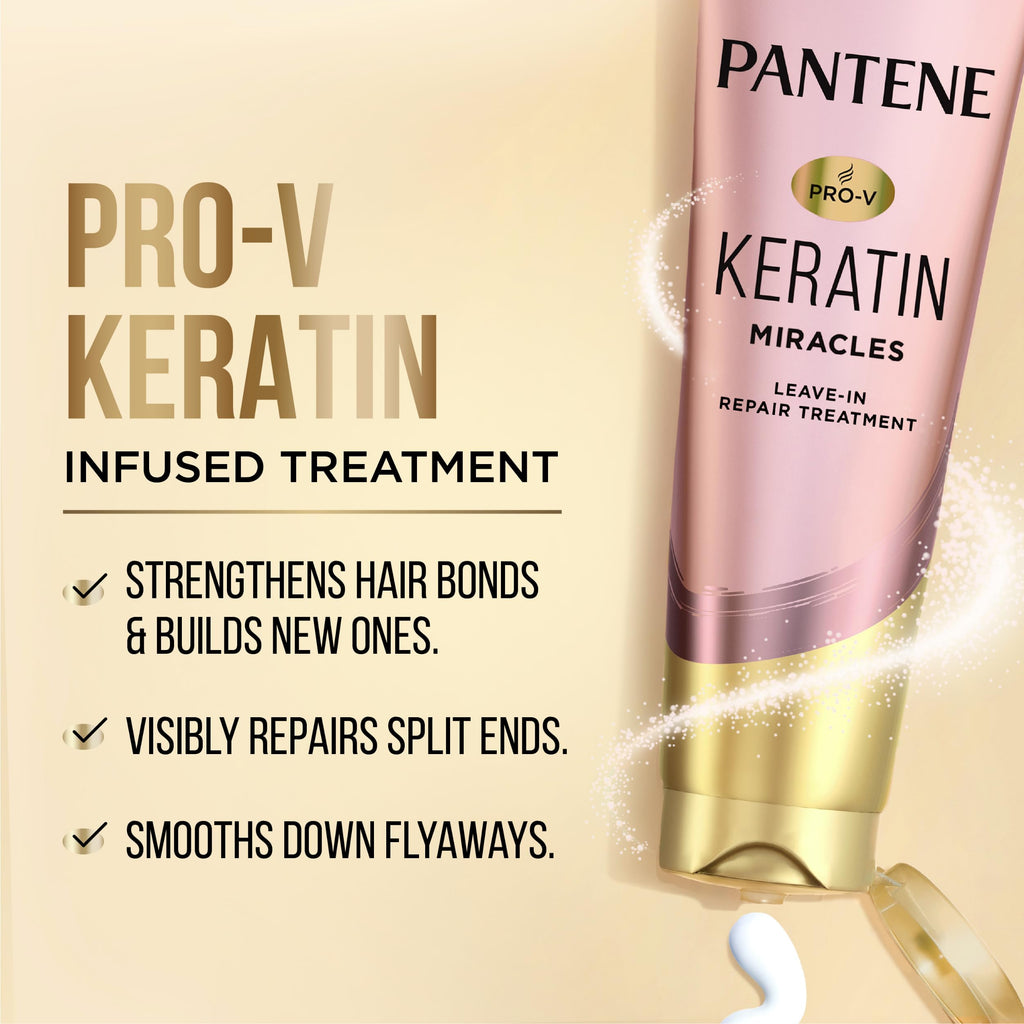 Pantene Keratin Leave-In Conditioner with Argan Oil, Protein Treatment for Dry, Damaged & Color-Treated Hair, Repairs Split Ends & Protects from Damage, Formaldehyde-Free, 8.4 Fl Oz